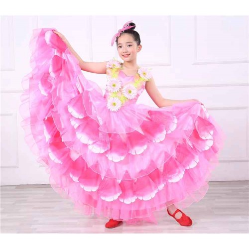 Flowers pink red blue yellow petals bloom flamenco dance dresses for girls kids opening dance paso double spanish bull dance swing skirts for children